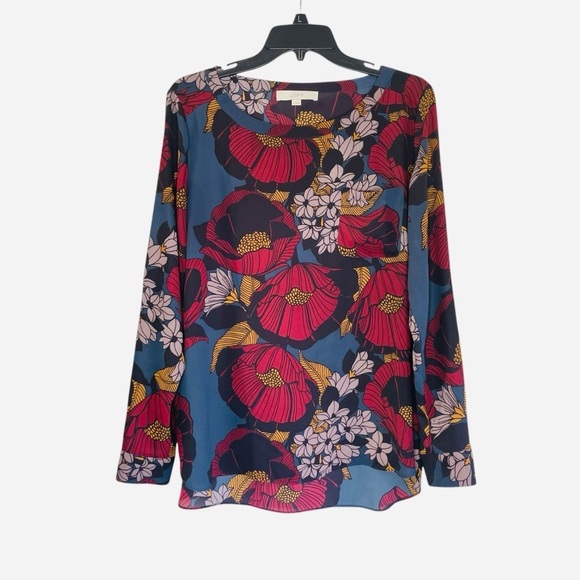 LOFT Top Womens S Multicolor Floral Blouse Boat Neck Tab Sleeve Pullover Woven M - Picture 1 of 10